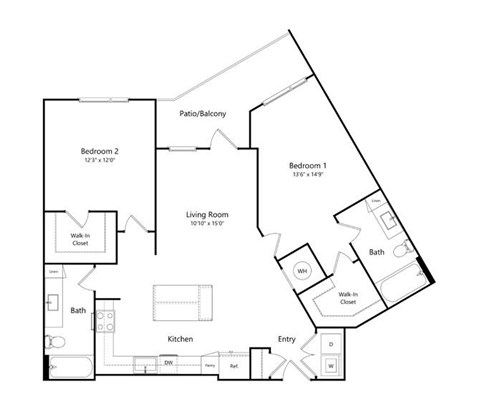 A floor plan of a home with two bedrooms, a living room, a kitchen, and two bathrooms.